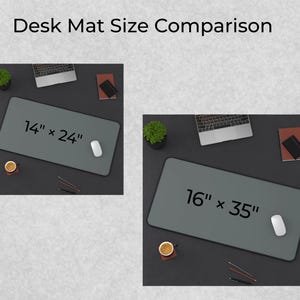 May include: A desk mat size comparison graphic featuring two rectangular grey desk mats on a dark surface. The left mat is labelled 14 inches by 24 inches, and the right mat is labelled 16 inches by 35 inches, both accompanied by a laptop and mouse.