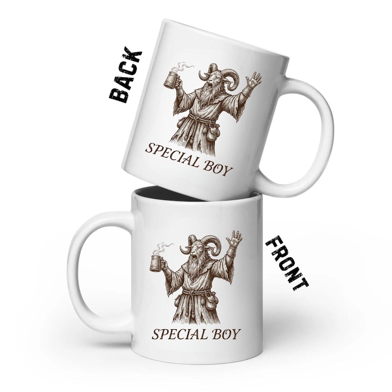 May include: Two white ceramic mugs stacked, each with a brown illustration of a goat-like figure holding a mug of beer. The text "SPECIAL BOY" is below the illustration. The word "BACK" is printed on one mug and "FRONT" on the other.