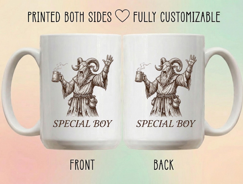 May include: White ceramic mug featuring a detailed illustration of a goat-like figure holding a mug of ale, with the text "SPECIAL BOY" below the image. The mug is printed on both sides and is fully customizable.