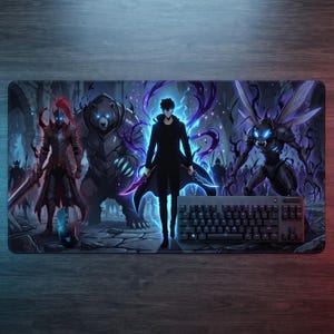 May include: A rectangular desk mat featuring a dark fantasy illustration of a central figure in a black coat flanked by a knight in red armour, a large bear, and a winged creature, with a black computer keyboard and mouse placed on top.