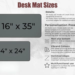 May include: Two rectangular desk mats with rounded corners, one measuring 16 inches by 35 inches and the other 14 inches by 24 inches. The text lists features including 3 mm thick neoprene material, non-slip bottom, and stitched hemmed edges.