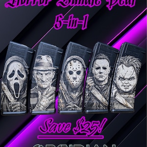 May include: A bundle of five black magazines with horror movie character designs, including Ghostface, Freddy Krueger, Jason Voorhees, Michael Myers, and Chucky. The text "Horror Bundle Deal 5-in-1" is displayed above the magazines, with "Save $25!" below.