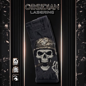 May include: Black magazine with a skull graphic wearing a camouflage helmet and holding a cigar. The text "OBSIDIAN LASERING" is at the top. The phrase "SETTINGS NOT INCLUDED" is at the bottom.