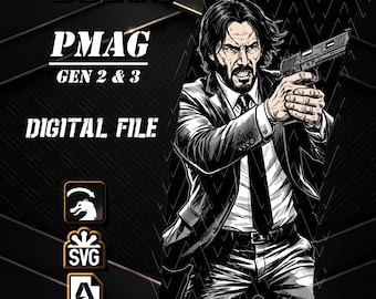Könnte beinhalten: Eine digitale Grafik mit einer schwarz-weißen Illustration eines Mannes im Anzug, der eine Handfeuerwaffe hält. Der Text lautet OBSIDIAN LASERING, PMAG GEN 2 & 3 und DIGITAL FILE. Symbole für SVG- und DXF-Formate sind links abgebildet.