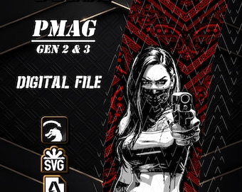 May include: A digital file for PMAG Gen 2 & 3 by Obsidian Lasering featuring a graphic of a person wearing a bandana mask and holding a handgun. The design includes a red and black paisley pattern background, SVG and DXF file icons.