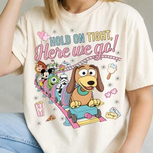 Hold On Tight Here We Go Roller Coaster Cartoon Friends, Theme Park Magic Vacation Tshirt Design, Funny Ride Clipart Sublimation PNG