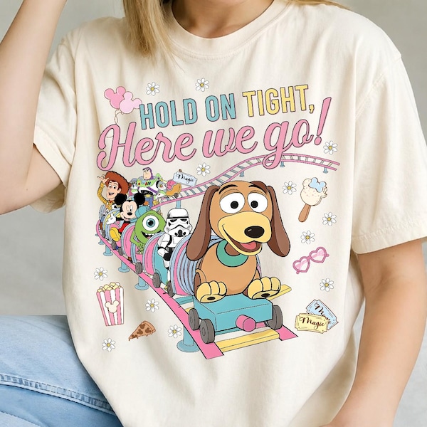 Hold On Tight Here We Go Roller Coaster Cartoon Friends, Theme Park Magic Vacation Tshirt Design, Funny Ride Clipart Sublimation PNG