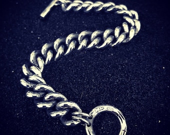 Mens Chunky Hand made Bracelet 925 Solid Silver Curb Chain with Cross design and T Bar Clasp