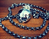 Handmade 925 Sterling Silver Death Mask Skull Pendant on a Heavy Belcher Chain Necklace
