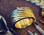 Men's Chunky Sterling Silver 925 Dogstone Mars Ring with 18ct Gold Interior and carved Texture on the Outside of Band.