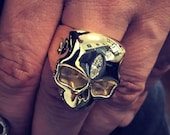 Men's Heavy Handmade Skull Ring Made In Solid 9ct Yellow Gold and Marquise Diamond