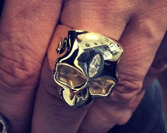 Men's Heavy Handmade Skull Ring Made In Solid 9ct Yellow Gold and Marquise Diamond