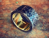 Men's Chunky Sterling Silver 925 Dogstone Mars Ring with 18ct Gold Interior and Beaten Texture.