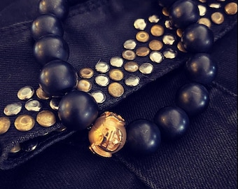 Handmade 12mm Men's Black Dogstone Matt Onyx Beaded Bracelet with Gold Plated Silver 925 Bead With Our Famous "D" Motif.