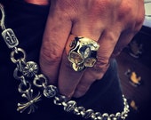 Mens Handmade Solid 9ct Yellow Gold and Marquise Diamond Skull Ring