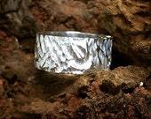 Hand Made 925 Sterling Silver Chunky Ring with a Tree Bark Design Carved into the Band
