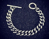 Mens Heavy Hand Made 925 Sterling Silver Curb Chain Bracelet in a Chunky Design with Engraved crosses and a T Bar and Loop