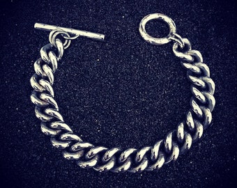 Mens Heavy Hand Made 925 Sterling Silver Curb Chain Bracelet in a Chunky Design with Engraved crosses and a T Bar and Loop