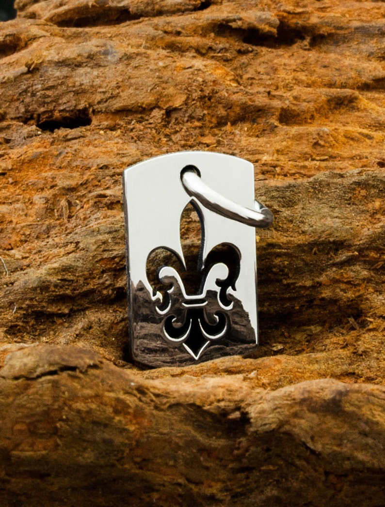 Solid 925 Sterling Silver Mens Fleur-de-Lis Dog Tag Curb Chain Necklace Charm Pendant Handmade by Dogstone
