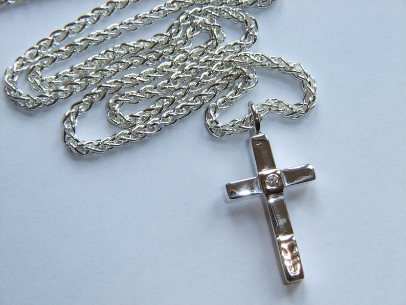 Hand Made 925 Sterling Silver Diamond Cross Necklace With 9k yellow Gold Bars and a Spiga Chain Necklace image 4