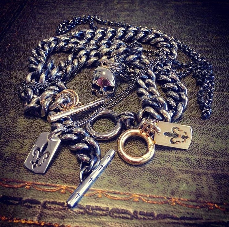 Solid 925 Sterling Silver Mens Fleur-de-Lis Dog Tag Curb Chain Necklace Charm Pendant Handmade by Dogstone