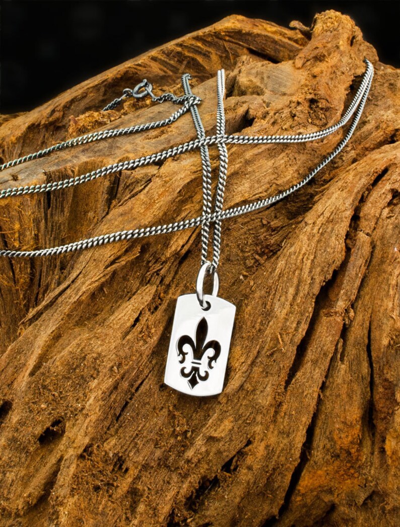 Solid 925 Sterling Silver Mens Fleur-de-Lis Dog Tag Curb Chain Necklace Charm Pendant Handmade by Dogstone