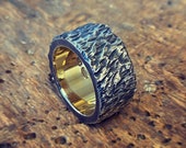 Men's Chunky Sterling Silver 925 Dogstone Mars Ring with 18ct Gold Interior and Rough Texture.