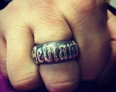 Mens Hand Made 925 Sterling Silver " Deviant " Barrell Ring with Old English Text and Dogstone Jackal Head