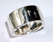 Men's Handmade Chunky Heavy Sterling Silver Ring with Cross Design and Personalised Message on Band