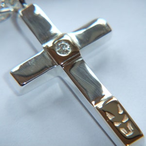 Hand Made 925 Sterling Silver Diamond Cross Necklace With 9k yellow Gold Bars and a Spiga Chain Necklace image 1