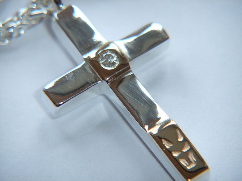Hand Made 925 Sterling Silver Diamond Cross Necklace With 9k yellow Gold Bars and a Spiga Chain Necklace image 1