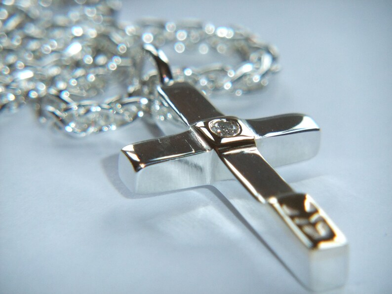 Hand Made 925 Sterling Silver Diamond Cross Necklace With 9k yellow Gold Bars and a Spiga Chain Necklace image 2