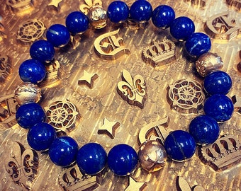 Handmade Men's 10mm Blue Dogstone Lapis Lazuli Beaded Bracelet with Gold Plated Silver 925 Beads.