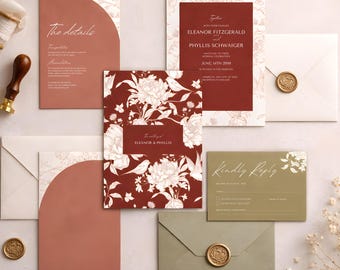 Luxury Terracotta Wedding Invitation Suite | Elegant Botanical Invite Set, Editable Canva Printable Cards