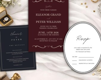 Burgundy Wedding Invitation Suite, Elegant Canva Template (Digital Download)
