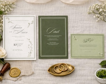 Green Botanical Wedding Invitation Suite, Elegant Canva Template (Digital)