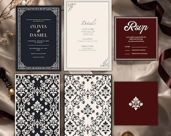 Invitaciones de boda de lujo con dinero antiguo, plantilla minimalista y elegante de Canva, conjunto de invitaciones editables.
