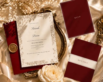 Plantilla de invitación de boda con diseño floral en color burdeos (descarga instantánea)