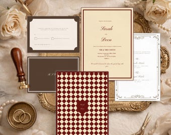 Conjunto de invitaciones de boda de estilo clásico, plantilla clásica en crema burdeos para Canva (descarga digital)