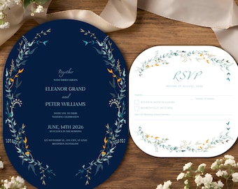 Floral Wedding Invitation Template Canva | Blue & Gold Arch Wedding Invite, Luxury Printable Suite