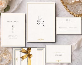 Minimalist Gold Wedding Invitation Suite, Elegant White Modern Printable (Canva Download)