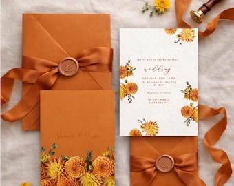 Autumn Wedding Invitation Suite Template | Terracotta Floral Invite, RSVP & Details Cards | Editable Canva Template