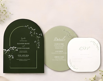 Botanical Arch Wedding Invitation Set, Sage Green, Canva Template (Digital Download)
