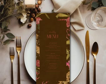Luxury Autumn Wedding Menu Card Template | Moody Burgundy Floral Stationery | Elegant Printable Design
