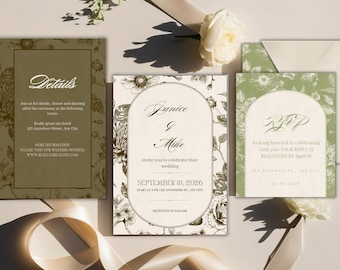 Botanical Green Wedding Invitation Suite | Elegant Floral Canva Template, Editable Invite Set