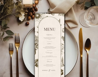 Botanical Beige Wedding Menu Card | Elegant Floral Canva Template | Printable Design