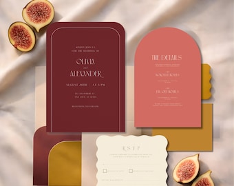 Burgundy Wedding Invitation Suite Template | Modern Minimalist Canva Invite (Digital Download)