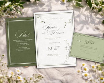 Invitación de boda botánica verde, elegante plantilla de Canva (digital)