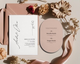 Minimalist Wedding Invitation Suite Template, Modern Neutral Blush Brown, Editable Canva (Digital Download)