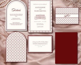 Burgundy Blush Wedding Invitation Suite | Elegant Vintage Arch Cards, Editable Printable Canva Design